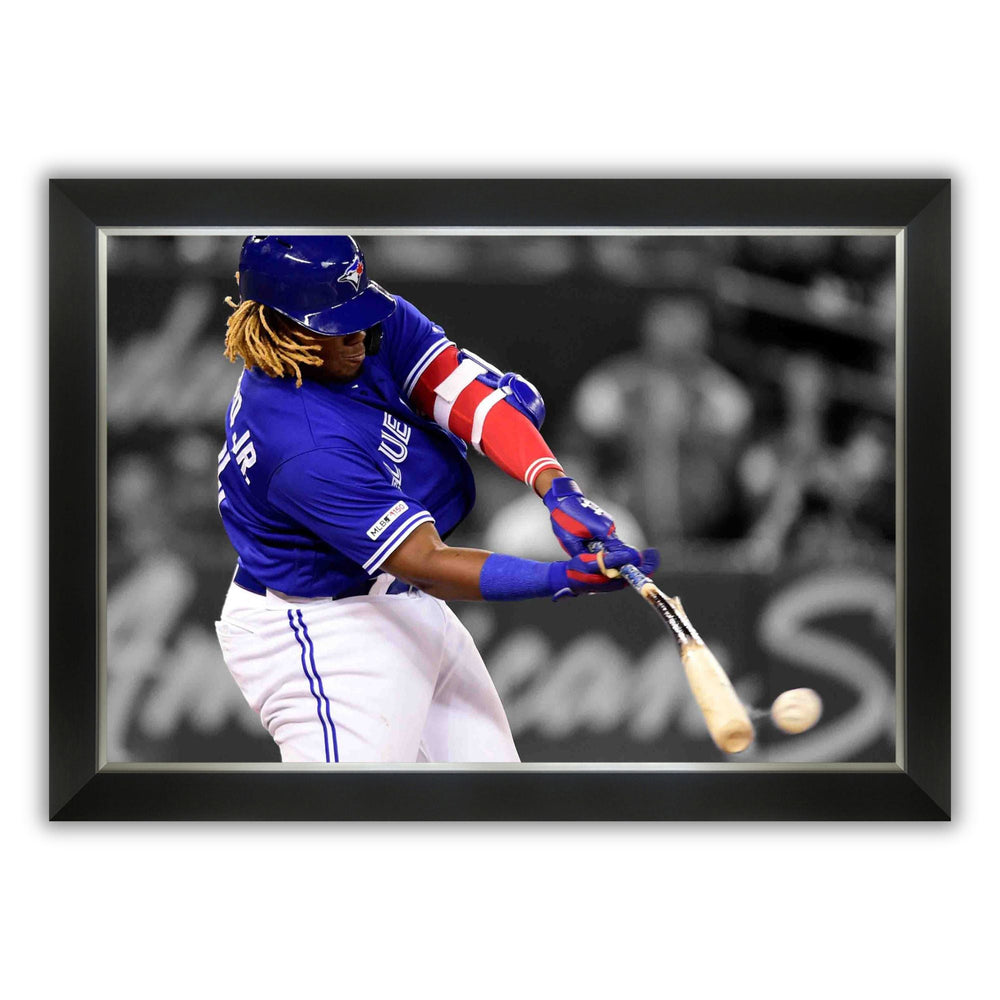 VLADIMIR GUERRERO JR. BAT BREAKING FRAMED CANVAS – TORONTO BLUE JAYS BASEBALL COLLECTIBLE WALL ART – POWER HITTER ACTION SHOT (33.5" BY 23.5")