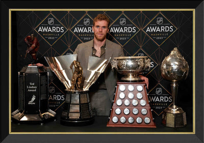 CONNOR MCDAVID NHL TROPHY WINS FRAMED CANVAS – EDMONTON OILERS SUPERSTAR WALL ART COLLECTIBLE DISPLAY (33.5" X 23.5")