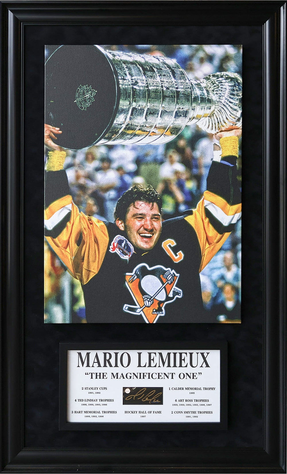 PLAQUE ET TOILE MARIO LEMIEUX – PRÉSENTOIR SURDIMENSIONNÉ AUTOGRAPHIÉ « ALL TIME GREATS » (49,5" X 29,5")