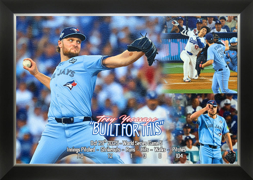 TREY YESAVAGE MATCH RECORD DE ROOKIE GAME 5 – SÉRIE MONDIALE 2025 CONTRE LES DODGERS DE L.A. – TOILE MURALE ENCADRÉE DE BASEBALL DES BLUE JAYS DE TORONTO – 33,5" X 23,5"