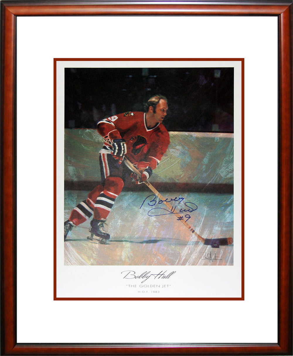 LITHOGRAPHIE AUTOGRAPHÉE BOBBY HULL – THE GOLDEN JET – OBJET DE COLLECTION ENCADRÉ DE CHICAGO (56 CM X 46 CM)