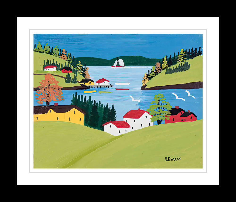 IMPRIMÉ D'ART ENCADRÉ PAR MAUD LEWIS DIGBY HARBOUR ART POPULAIRE PEINTURE STYLE PLAT DÉCOR MARITIME 24 X 28 POUCES