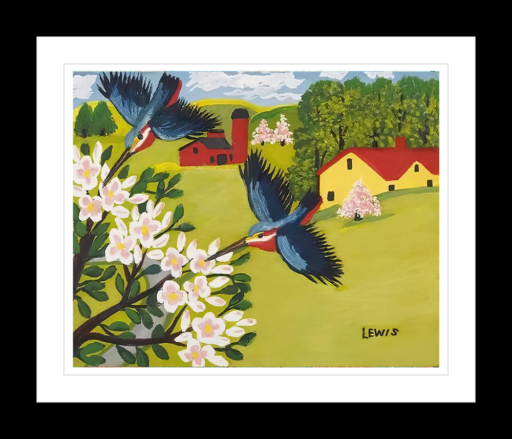 IMPRESSION D'ART ENCADRÉE PAR MAUD LEWIS OISEAUX-MOUCHES ART POPULAIRE STYLE PLAT DÉCOR MURAL 24 X 28 POUCES