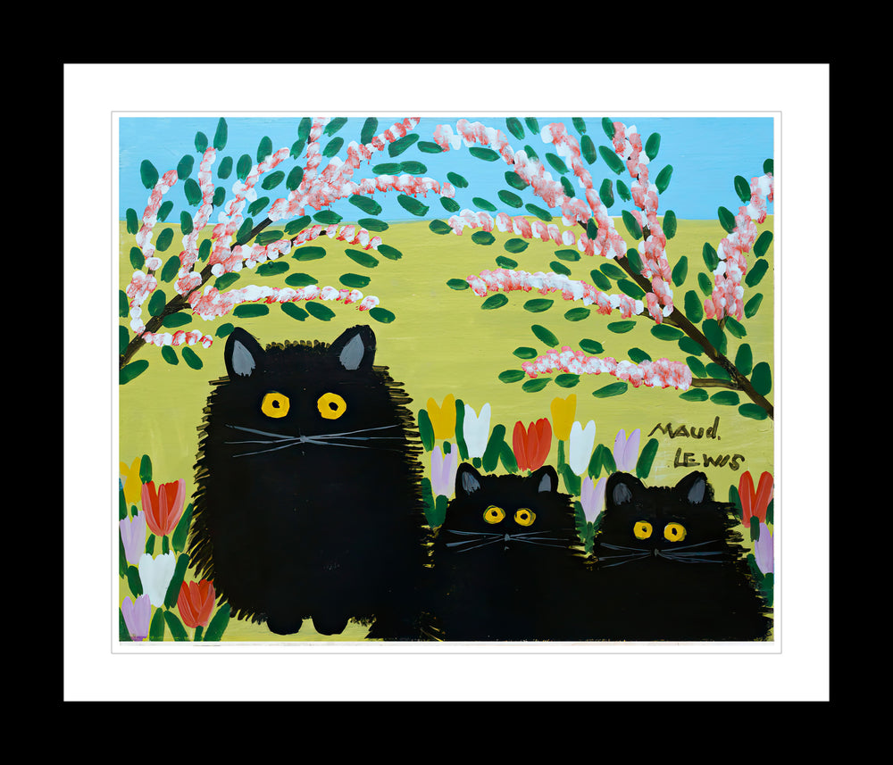 IMPRESSION D'ART ENCADRÉE PAR MAUD LEWIS TROIS CHATS NOIRS ART POPULAIRE STYLE PLAT DÉCOR MURAL 24 X 28 POUCES