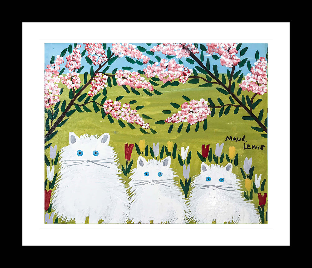 IMPRIMÉ D'ART ENCADRÉ PAR MAUD LEWIS TROIS CHATS BLANCS ART POPULAIRE STYLE PLAT DÉCOR MURAL 24 X 28 POUCES