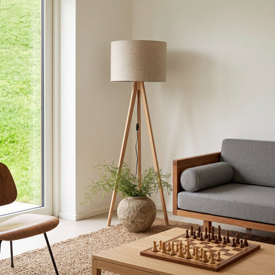 Lampadaire GRAND en pin et lin, style moderne mi-siècle, pour salon, chambre à coucher et coin lecture