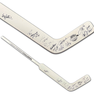 OLDTIMERS HOCKEY CHALLENGE FULL SIZE GOALIE STICK – AUTOGRAPHED NHL MEMORABILIA FEATURING 13 SIGNATURES INCLUDING BILLY SMITH, BRYAN TROTTIER, THEOREN FLEURY & MORE – CERTIFICATE OF AUTHENTICITY INCLUDED