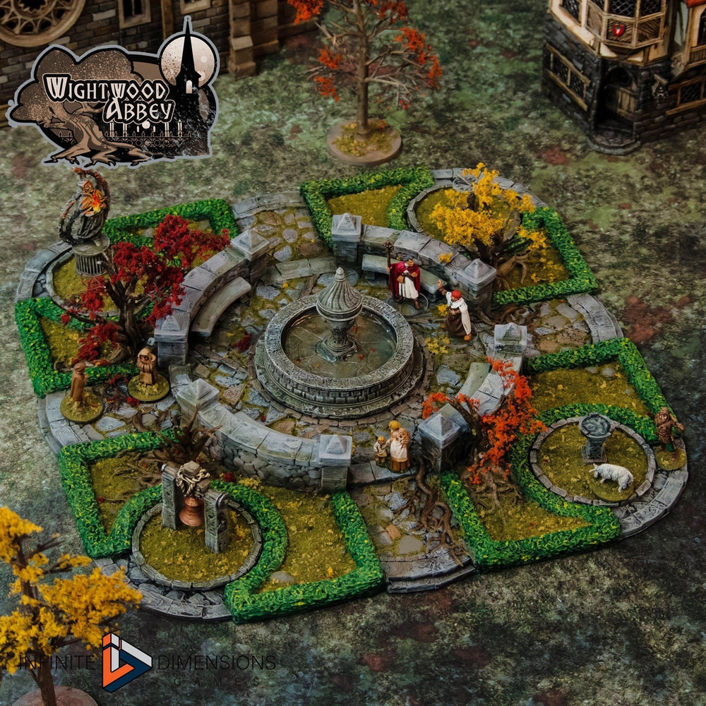 Wightwood Abbey Cloister Gardens Miniature Building - DnD, Wargaming, Model Train | Terrain | Town | Village | Plaza | Square | Pathfinder