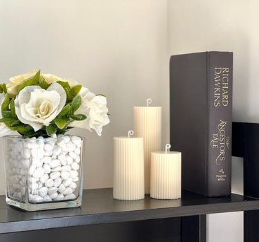 Soy Wax Ribbed Pillar Candle Set | Unscented Decorative Candles