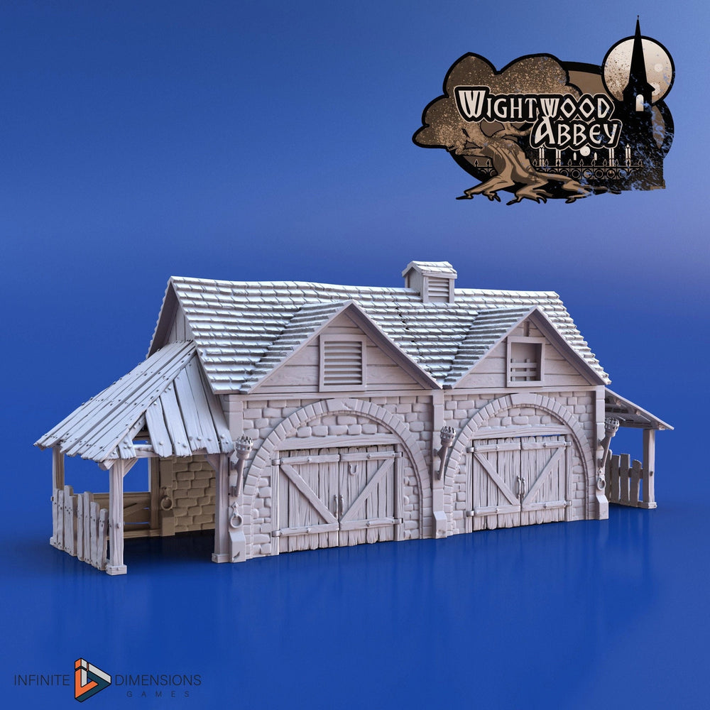 Wightwood Abbey Stables Miniature Building - DnD, Wargaming, Model Train | Terrain | Town | Village | Animal | Farm | 28mm | Prop | Barn
