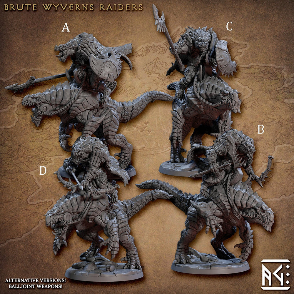 Brute Wyvern Riders - AG - Frostheart Lizardmen | DnD Miniature | Lizard | Monster | Ranger | Fighter | Barbarian | Seraphon | Pathfinder 2E