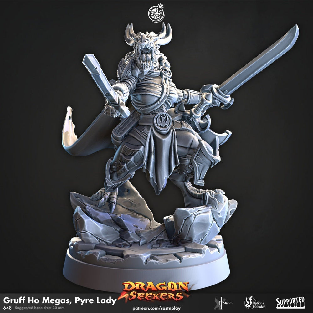 Gruff Ho Megas, Pyre Lady - CnP Dragon Seekers | DnD Miniature | Dragonborn | Fighter | Rogue | Warlock | Female | Magic | Alchemist | Melee