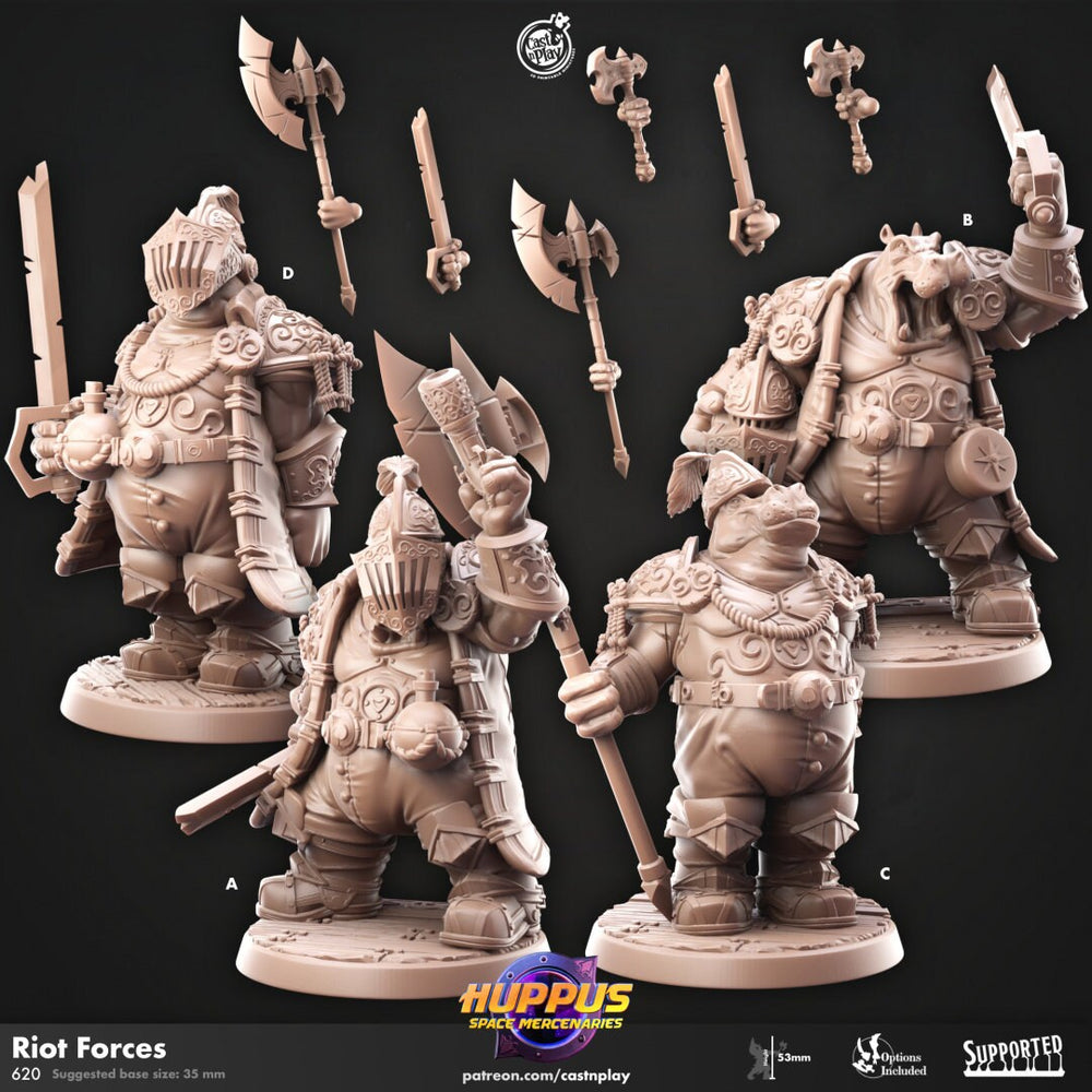 Riot Forces - Cast n Play Huppus Space Mercenaries | DnD Miniature | Giff | Hippo | Fighter | Paladin | Cleric | Barbarian | Warrior | Melee