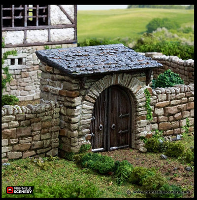 Porte de ferme - King and Country, bâtiment médiéval pour dnd, Village, Ville, Terrain de jeu de guerre, décor, Maison, Ferme, Poulet, Murs en pierre