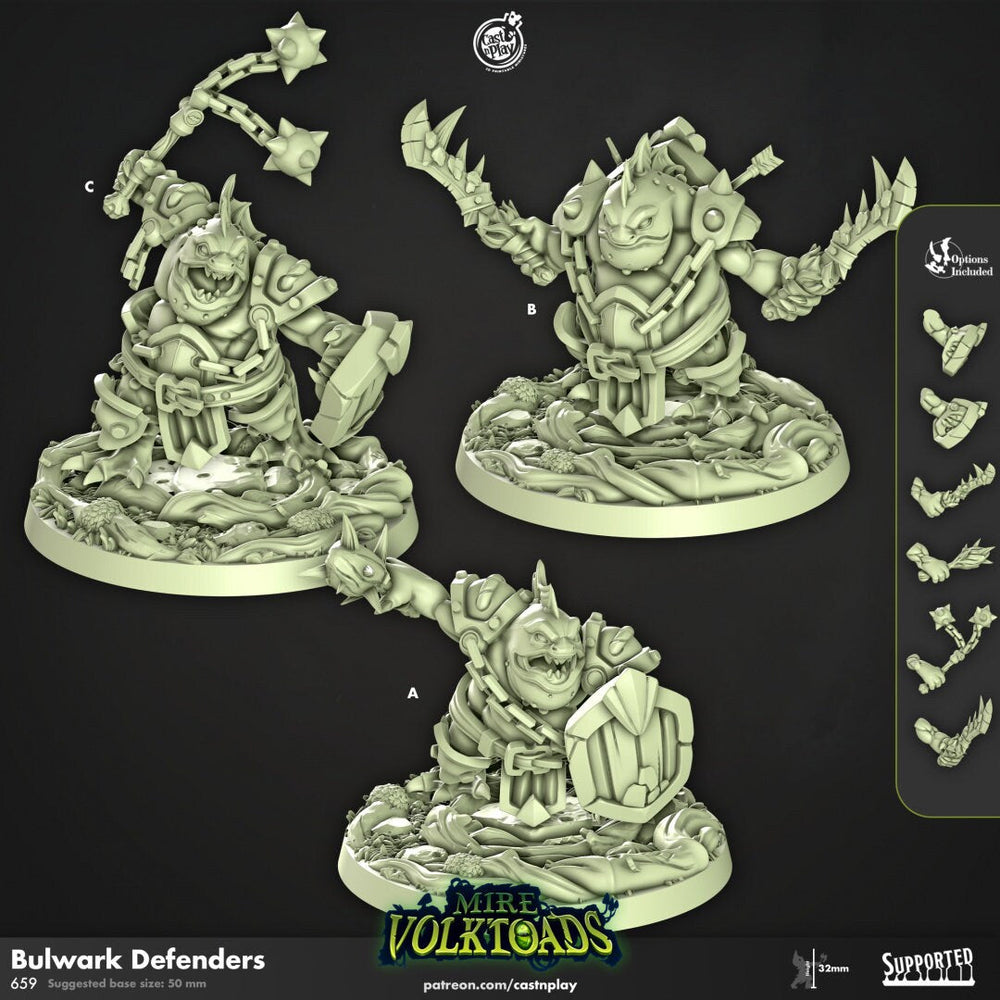 Bulwark Defenders - Cast n Play Mire Volktoads | DnD Miniature | Beastmen | Toad | Frog | Bullywug, Monster, Fighter, Barbarian, Melee, Tank