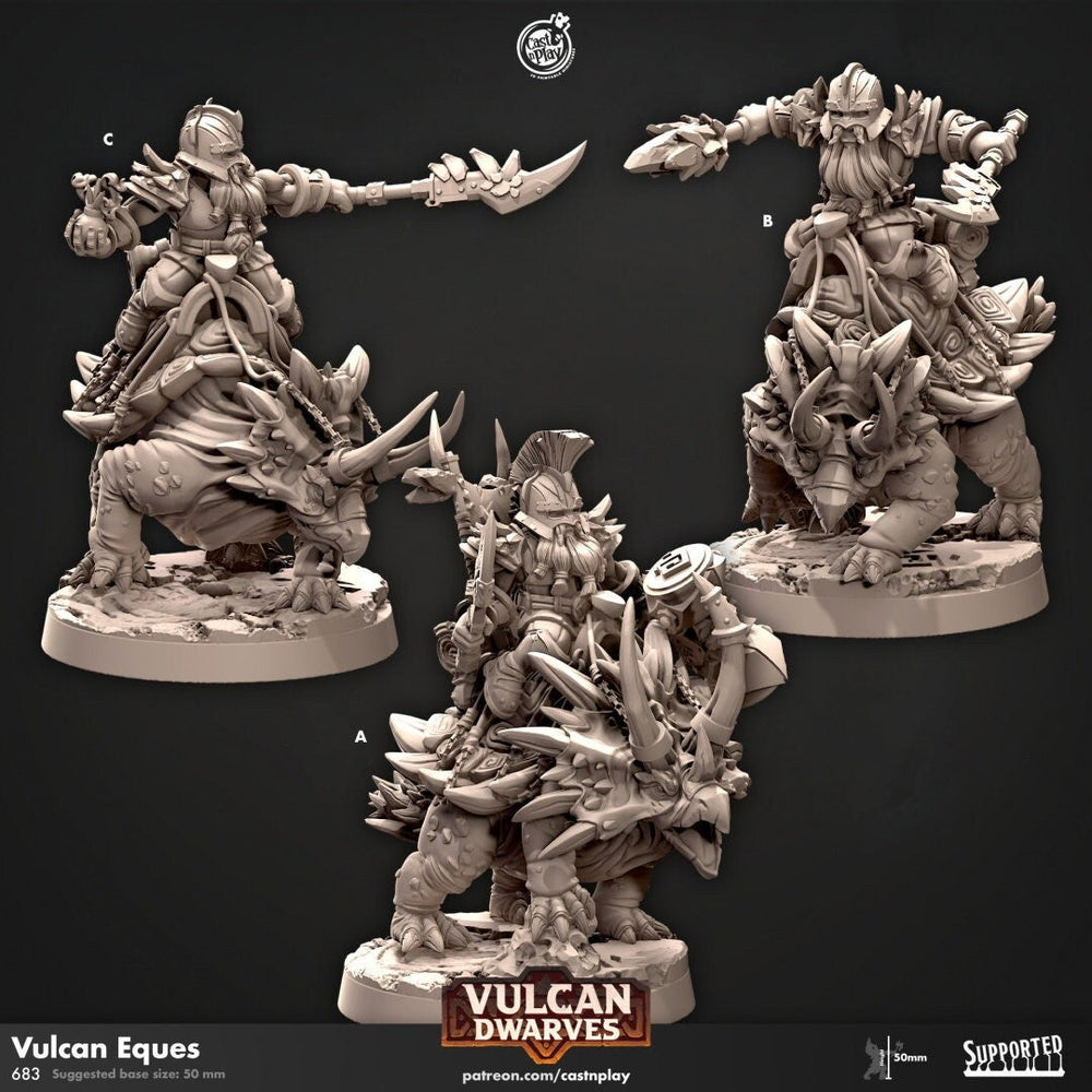 Vulcan Eques - dnd miniature - Cast N Play Vulcan Dwarves | Dwarf 32mm | Fighter | mount | Barbarian | triceratops | Pathfinder | Wargaming