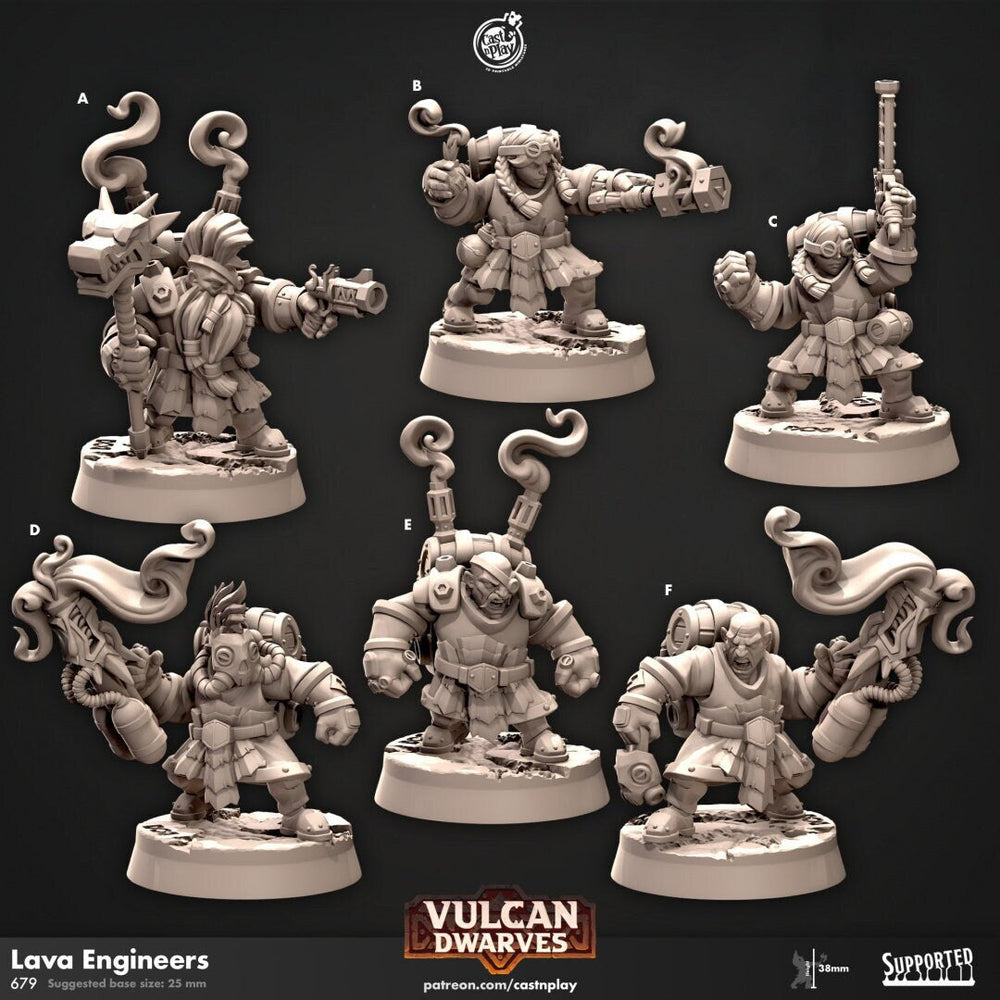 Lava Engineers - dnd miniature - Cast N Play Vulcan Dwarves | Dwarf 32mm | Fighter | Cleric | Paladin | Barbarian | Artificer | Pathfinder