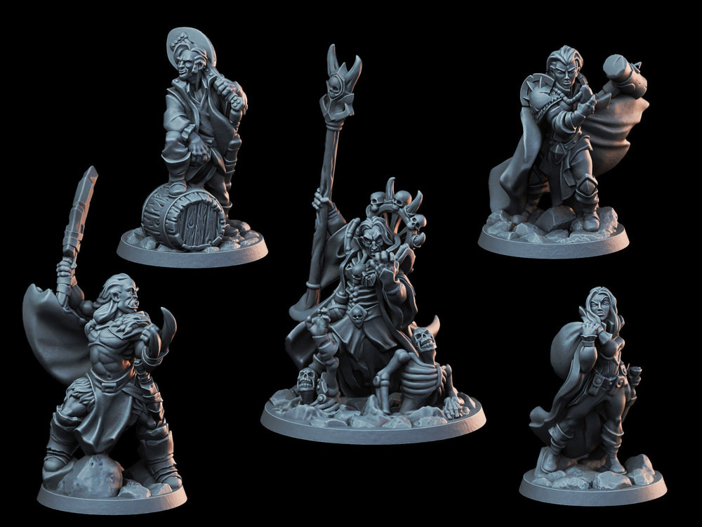 DnD Miniature Party Set 8 - 28mm Adventuring Group - Necromancer | Barbarian | Cleric | Rogue | Bard | Pathfinder 2E | DnD 5E | Mini Set
