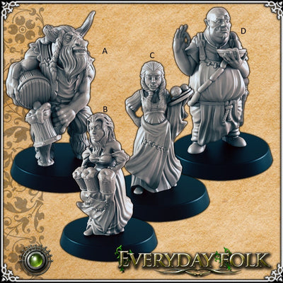 The Tavern Crew mini set for DnD - EC3D | Townsfolk | Commoners | Bartender | Male | Female | Barmaid | 28mm 32mm | Pathfinder | Fantasy