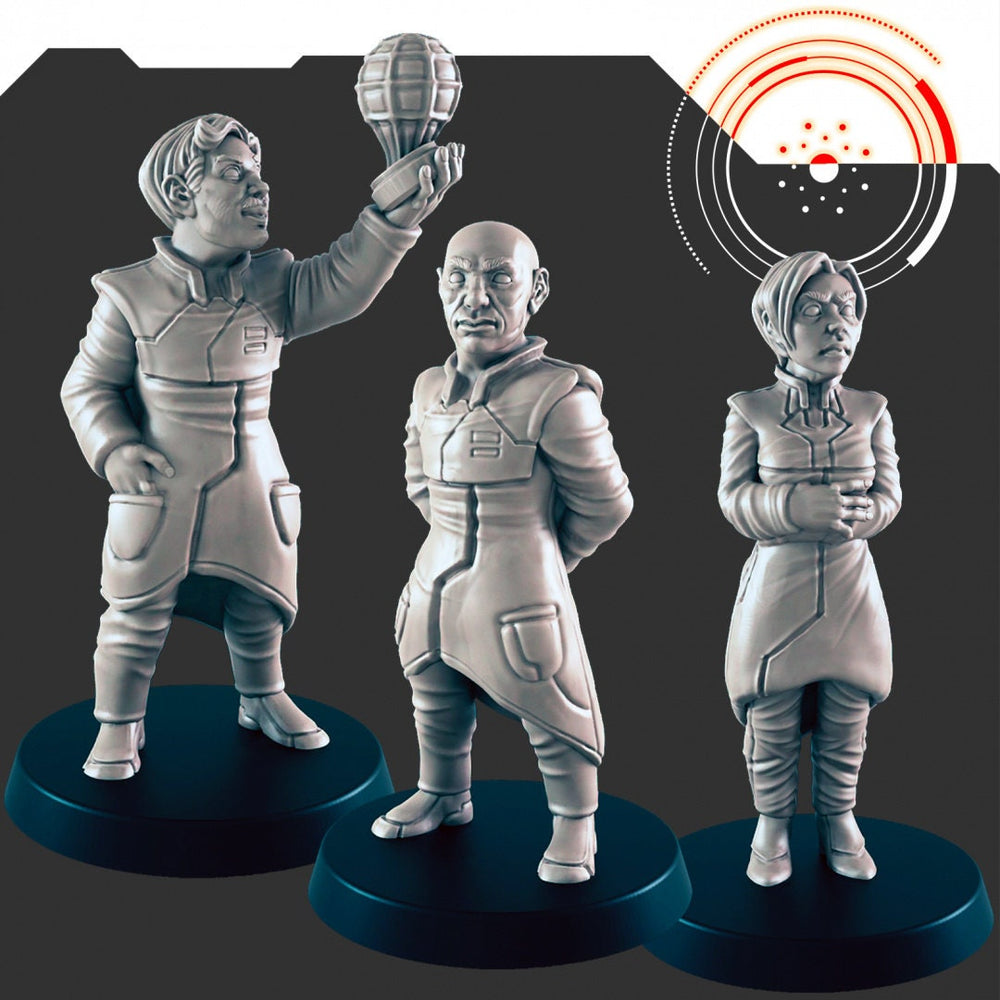 Ensemble de 3 figurines de scientifiques humains / PNJ de science-fiction - EC3D | Legion | Cyberpunk | Starfinder | Science-fiction | Futuriste | Humain | Homme | Femme