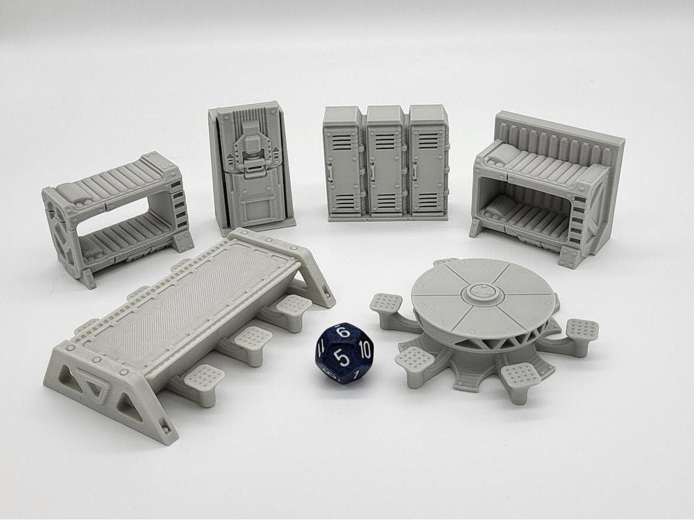 Sci-fi Scenery - Beds, tables, lockers - EC3D Design, Infinity, Legion, Scifi, Cyberpunk, Starfinder, ttrpg terrain, traveller, furniture