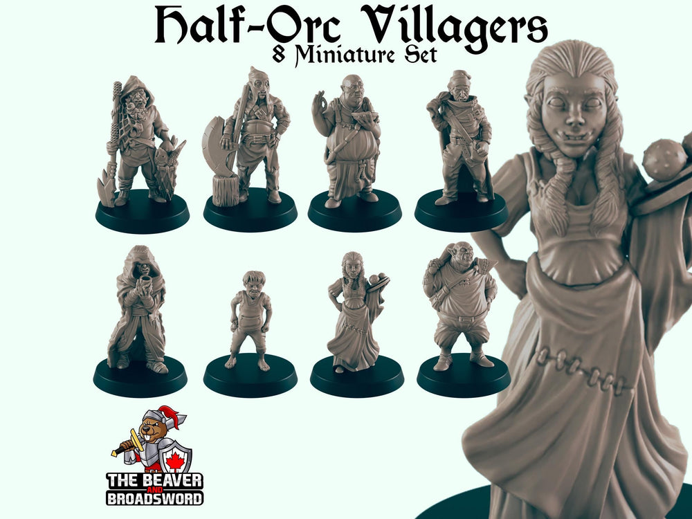8 Half Orc Villager Miniature Pack - EC3D | DnD | Child | Villager | Bouncer | Chef | 28mm | Pathfinder | commoner | Wargaming | Beggar
