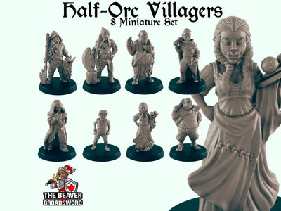 8 Half Orc Villager Miniature Pack - EC3D | DnD | Child | Villager | Bouncer | Chef | 28mm | Pathfinder | commoner | Wargaming | Beggar