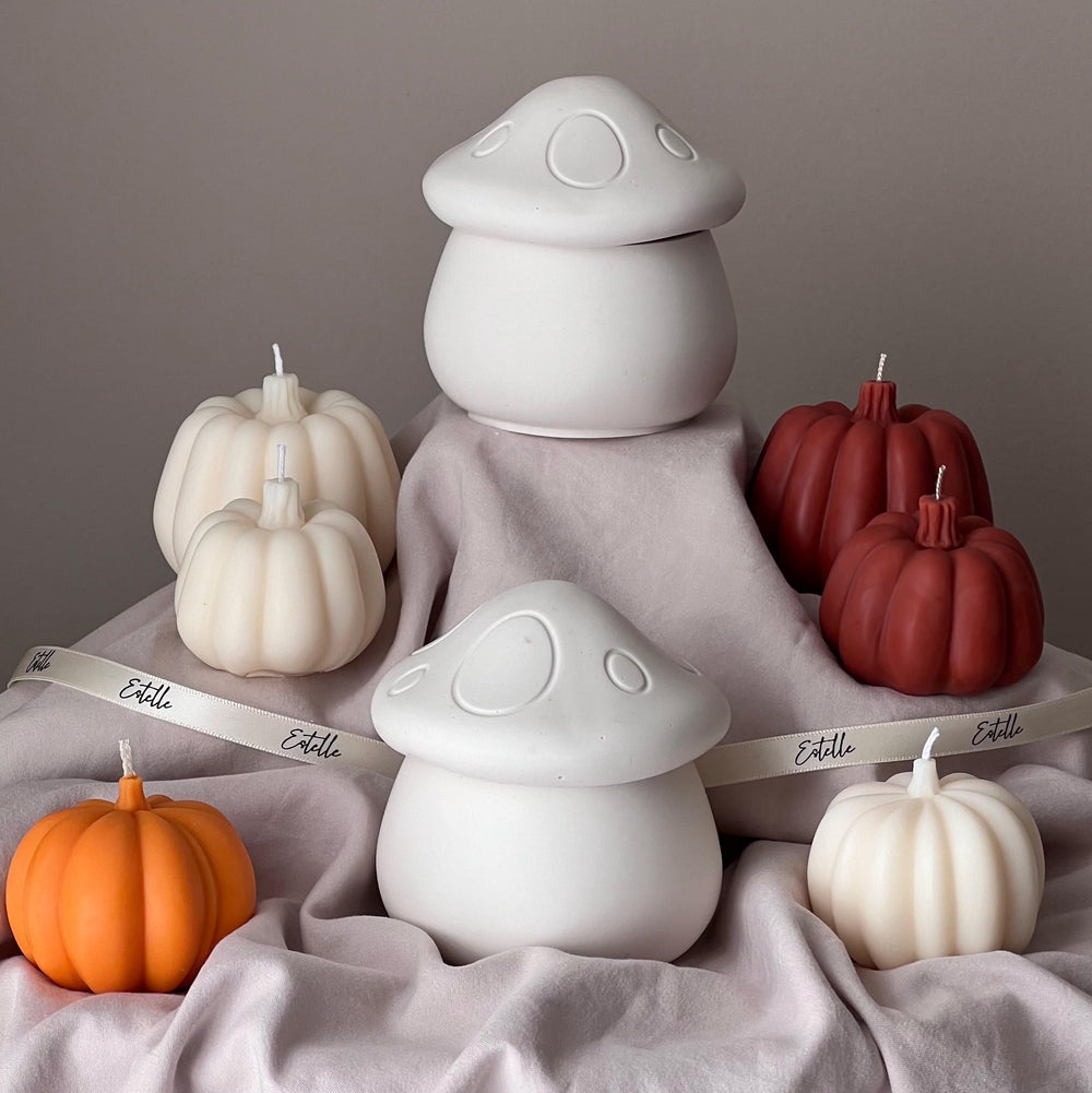 Bougie en cire de soja, pot champignon : Récipient artisanal en jesmonite, Parfum d'automne