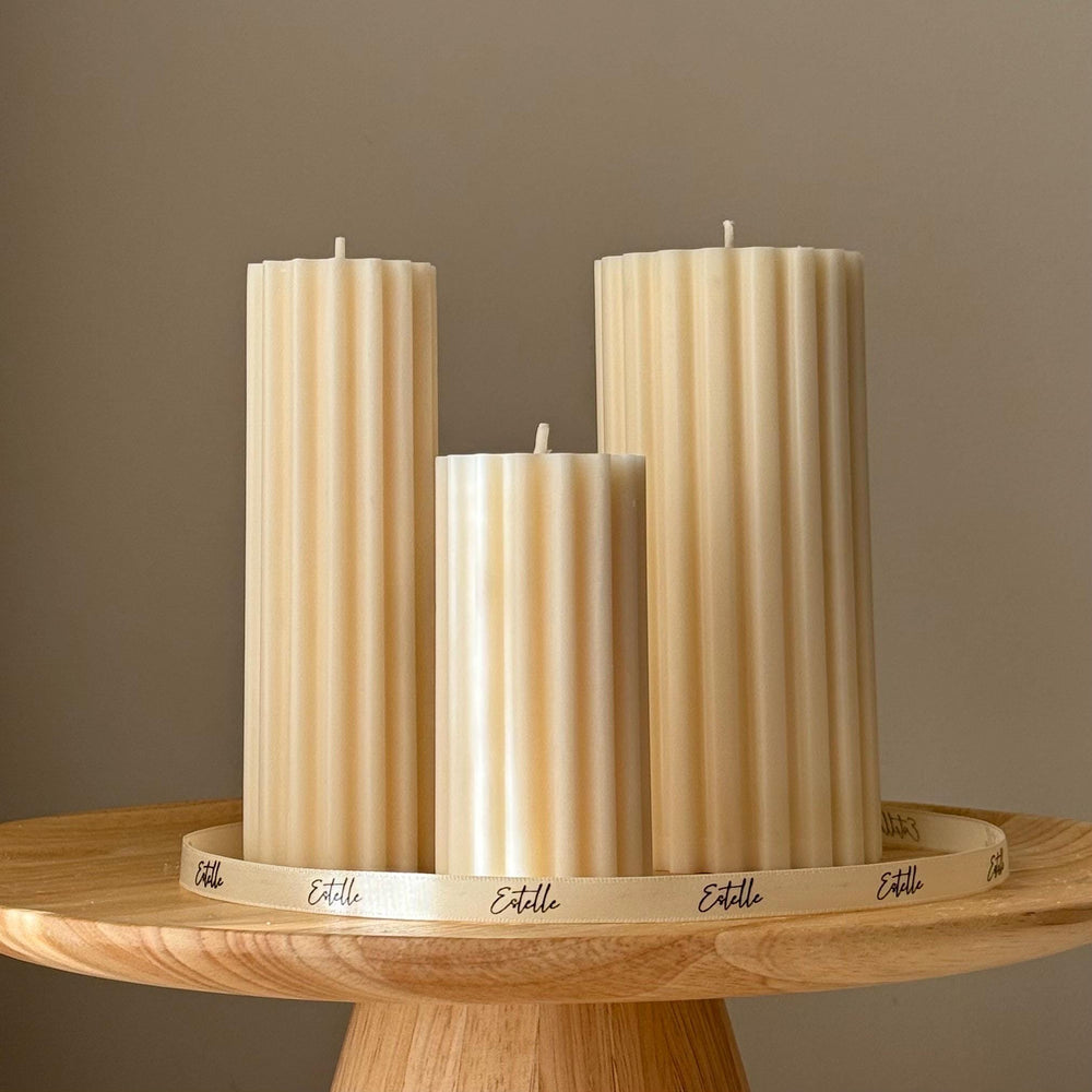 Hand Poured Soy Ribbed Pillar Candle Trio: Sculptural Art