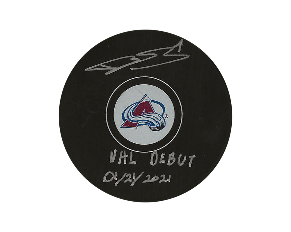 Palet de hockey miniature autographié par Bowen Byram des Avalanche du Colorado, avec l'inscription "NHL Debut 01/21/2021"