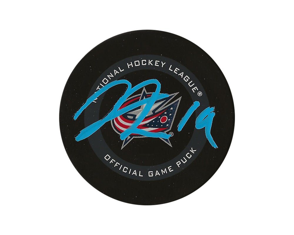 Palet de match officiel des Blue Jackets de Columbus autographié par Liam Foudy