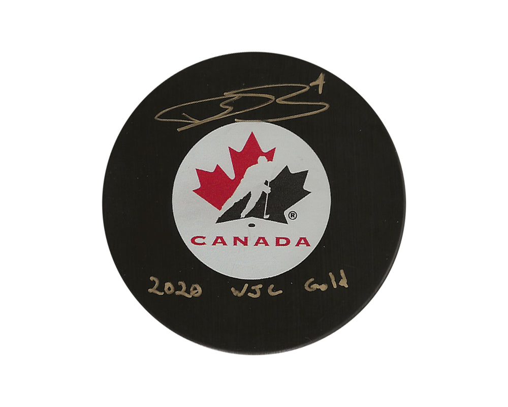 Rondelle modèle autographe de l'équipe Canada signée par Bowen Byram, avec l'inscription « 2020 WJC Gold »
