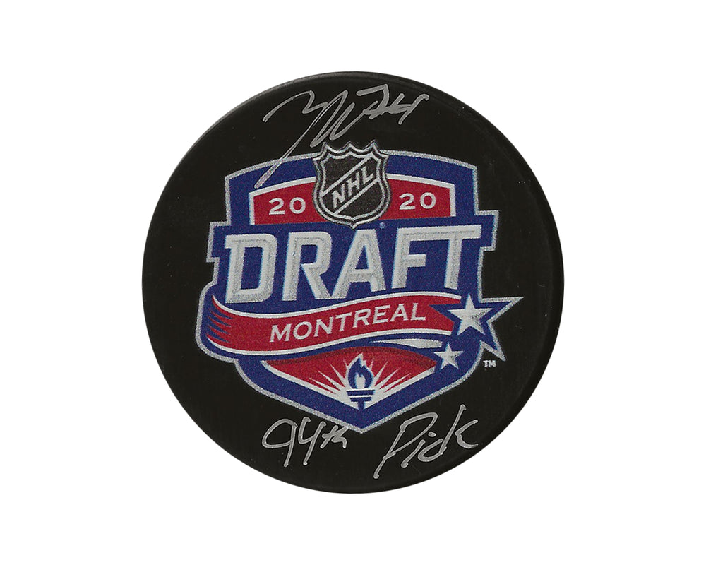 Palet de hockey 2020 du repêchage de la LNH, autographié par Zayde Wisdom, avec l'inscription « 94e choix »