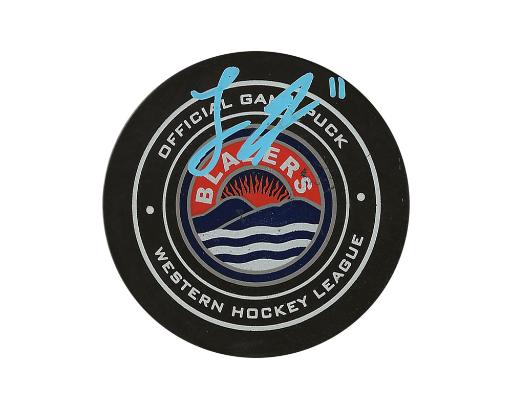 Palet de match officiel des Blazers de Kamloops autographié par Logan Stankoven