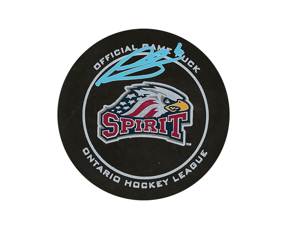 Palet de match officiel des Saginaw Spirit, autographié par Ryan Suzuki