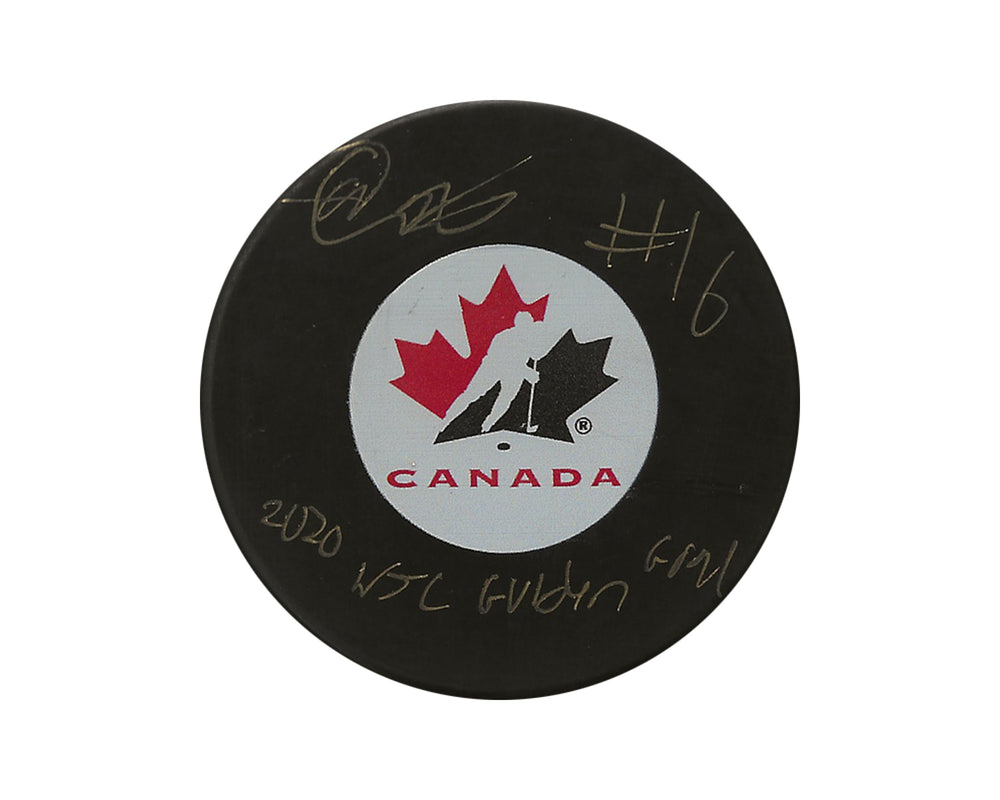 Palet d'autographe d'équipe Canada signé Akil Thomas, avec l'inscription « 2020 WJC Golden Goal »
