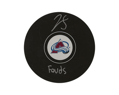 Palet de hockey Jean-Luc Foudy dédicacé par lui-même (Colorado Avalanche) avec l'inscription « Fouds »