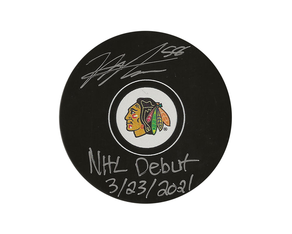 Palet de hockey autographe Mackenzie Entwistle des Blackhawks de Chicago, modèle dédicacé, gravé « NHL Debut 23/03/2021 »