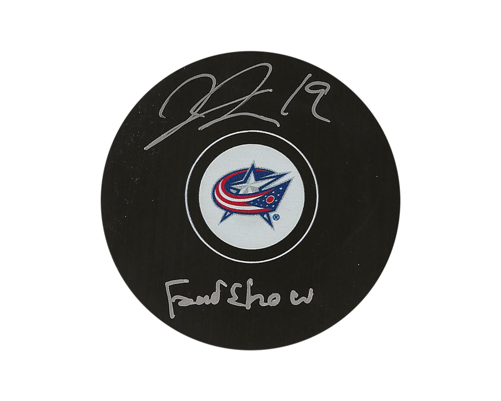 Palet de hockey autographié par Liam Foudy des Columbus Blue Jackets, avec l'inscription "Foudshow"