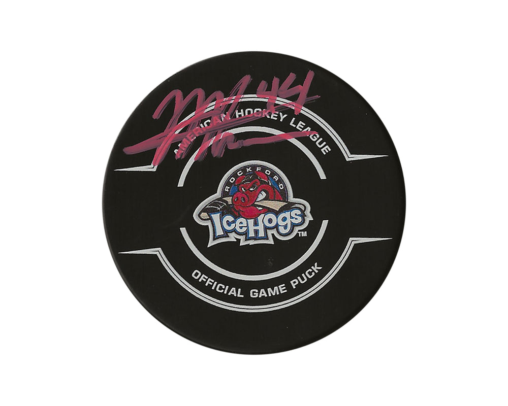 Palet officiel du match des Rockford Ice Hogs, autographié par Mackenzie Entwistle