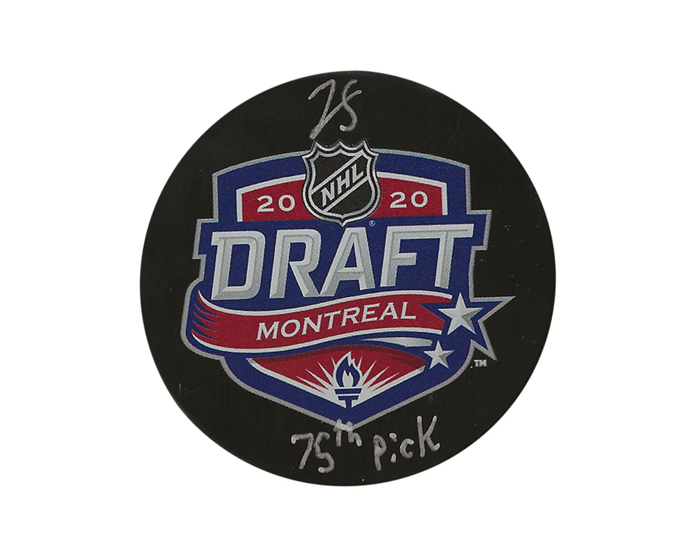 Palet du repêchage de la LNH 2020 autographié par Jean-Luc Foudy, avec l'inscription « 75e choix »