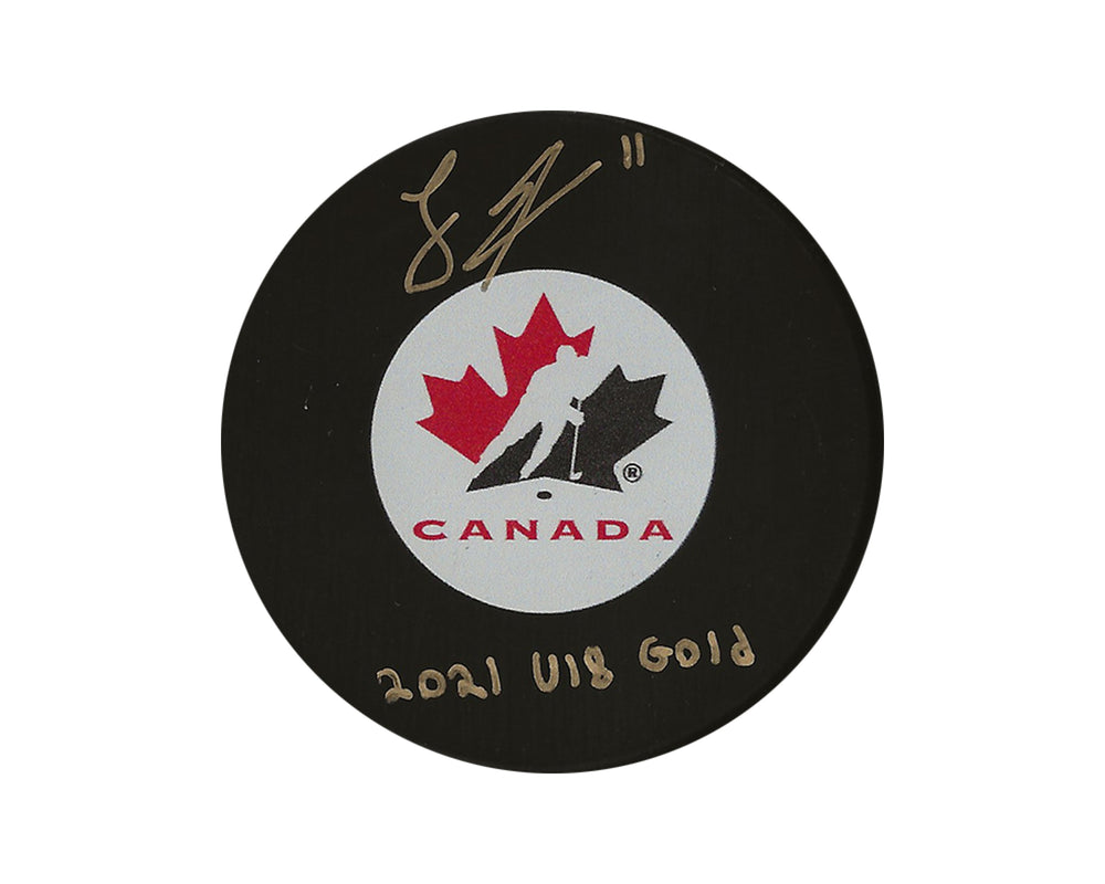 Palet de hockey Logan Stankoven, autographié Équipe Canada, avec inscription « 2021 U18 Gold »
