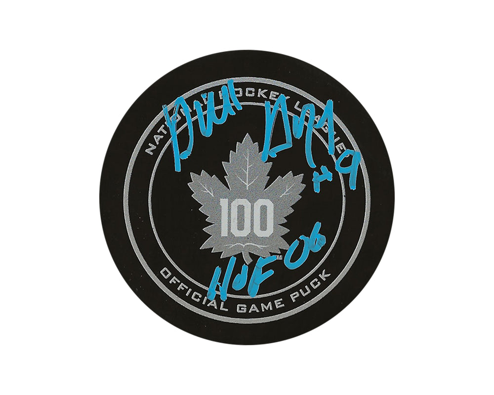 Puck de match officiel des Maple Leafs de Toronto 100e anniversaire, autographié par Dick Duff, avec inscription « HOF 06 »