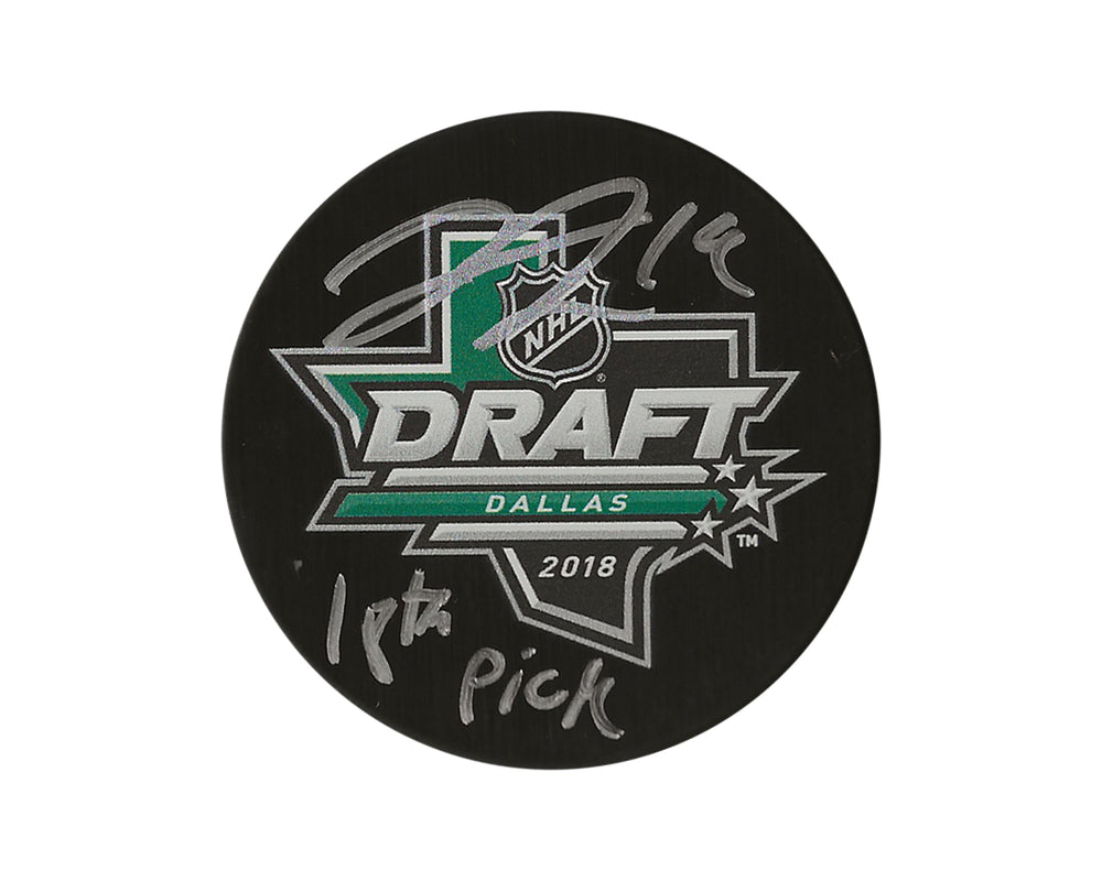 Palet de hockey 2018 de la LNH autographié par Liam Foudy, avec l'inscription « 18e choix »