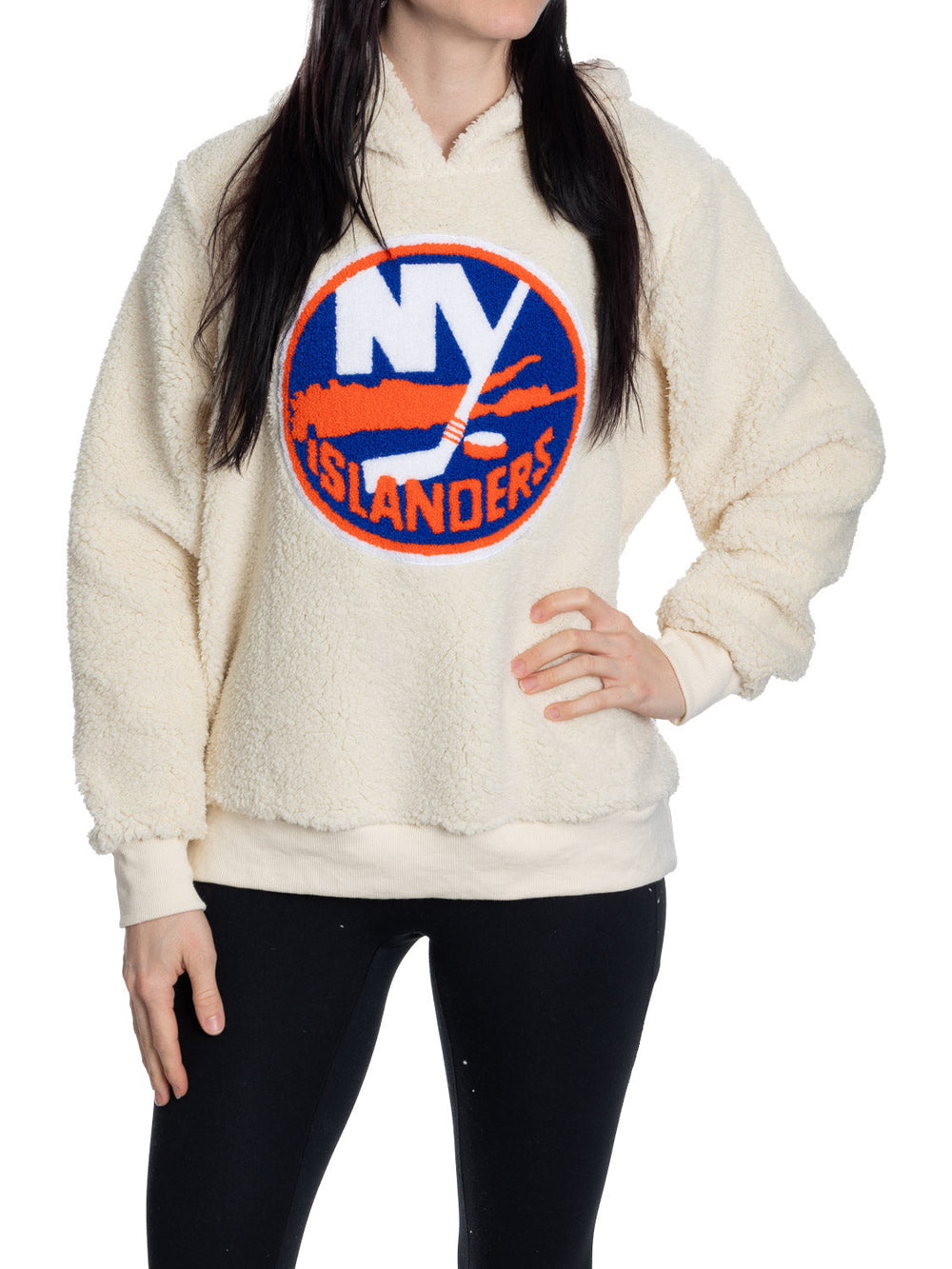 Chandail à capuchon Sherpa pour femme des Islanders de New York avec logo en chenille de qualité supérieure