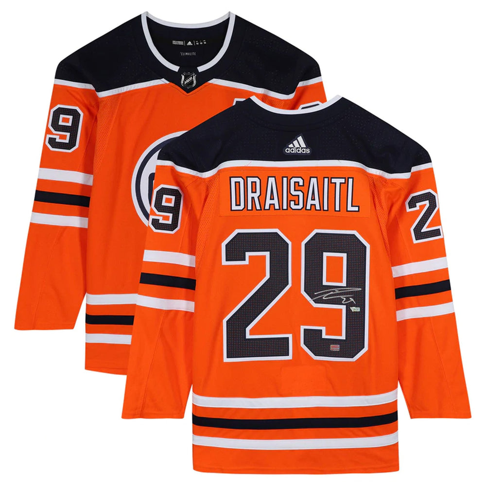 MAILLOT ORANGE DES EDMONTON OILERS AUTOGRAPHIÉ PAR LEON DRAISAITL – ARTICLE DE COLLECTION DE SOUVENIRS DE HOCKEY DE LA LNH SIGNÉ (TAILLE L OU XL)