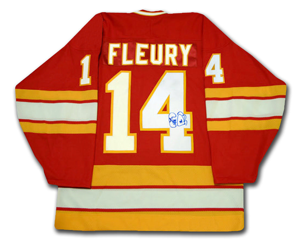 MAILLOT SIGNÉ PAR THEOREN FLEURY DES FLAMES DE CALGARY – OBJET DE COLLECTION DE HOCKEY DE LA LNH SIGNÉ (GRANDEUR G OU TG)