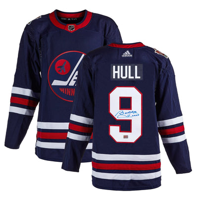 MAILLOT BOBBY HULL AUTOGRAPHIÉ DES JETS DE WINNIPEG ÉDITION HERITAGE CLASSIC – ARTICLE DE COLLECTION MEMORABILIA DE HOCKEY DE LA LNH (TAILLE L OU XL)