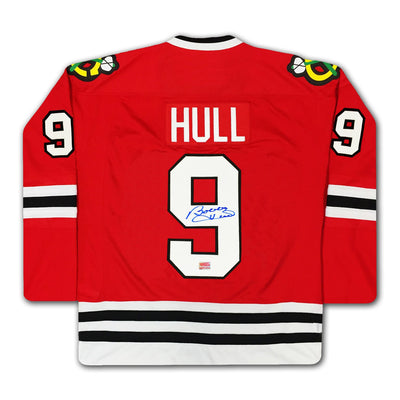 MAILLOT ROUGE DES BLACKHAWKS DE CHICAGO AUTOGRAPHIÉ PAR BOBBY HULL – OBJET DE COLLECTION SOUVENIR DE HOCKEY LNH (TAILLE L OU XL)