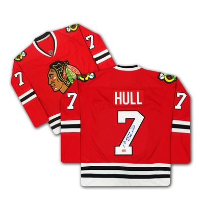 MAILLOT ROUGE DES BLACKHAWKS DE CHICAGO #7 AUTOGRAPHÉ PAR BOBBY HULL – OBJET DE COLLECTION SOUVENIR DE HOCKEY LNH (TAILLE L OU XL)